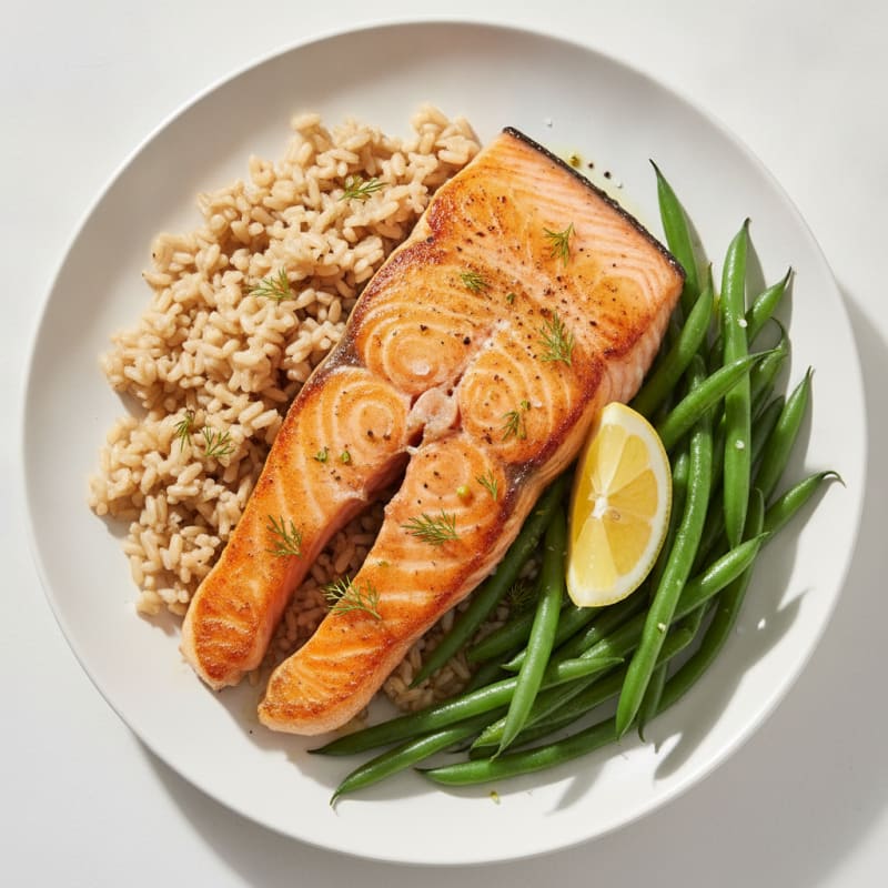 Seared Salmon Fillet with Steamed Green Beans and Brown Rice