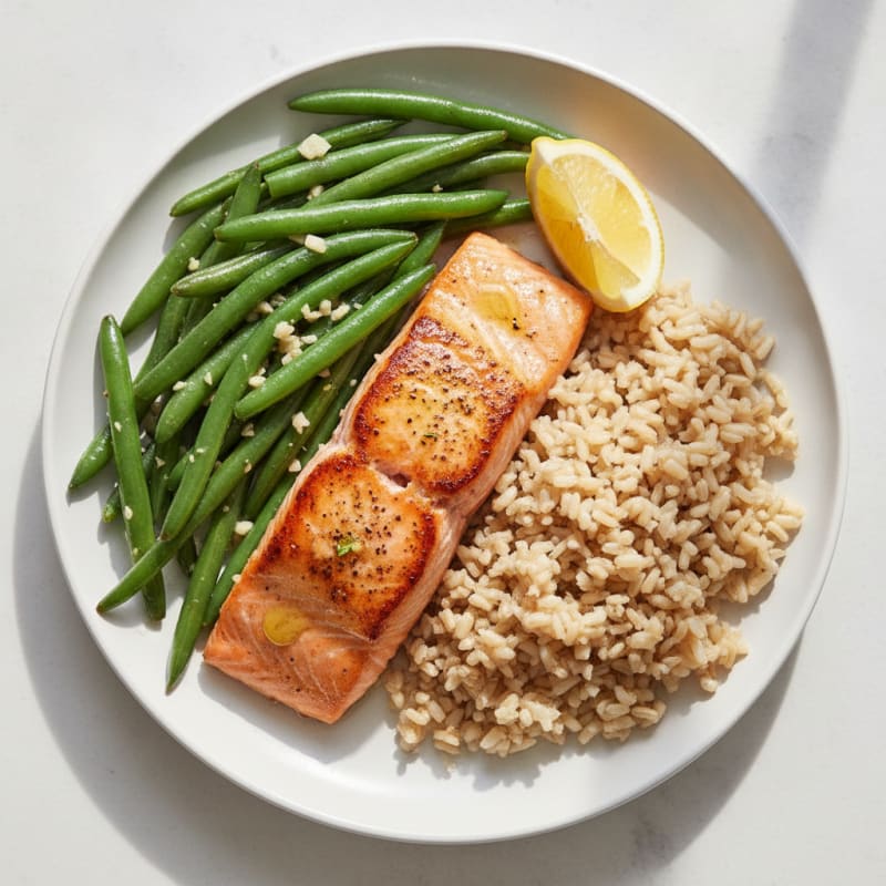 Seared Salmon Fillet with Garlic Green Beans and Brown Rice