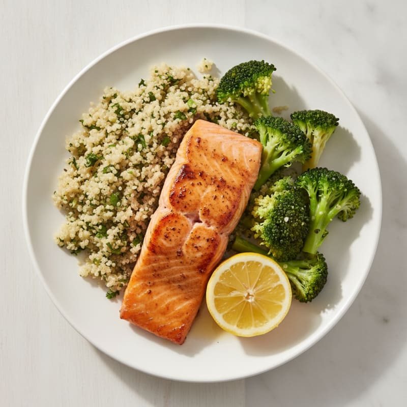 Grilled Salmon Fillet with Steamed Broccoli and Quinoa