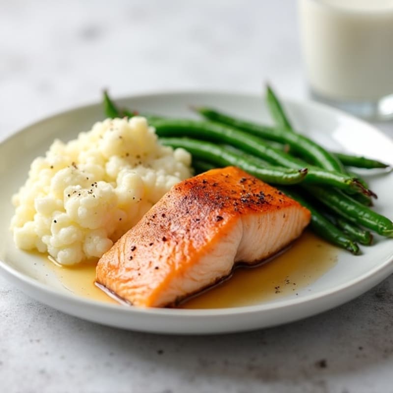 Seared Salmon with Steamed Green Beans and Mashed Cauliflower