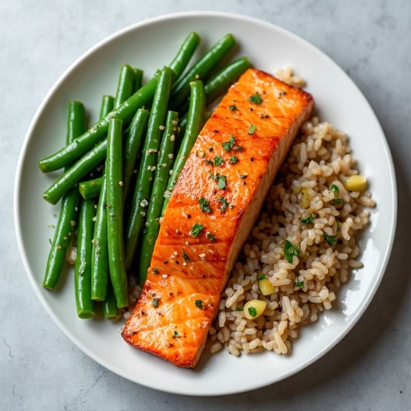 Seared Salmon with Garlic Green Beans and Brown Rice