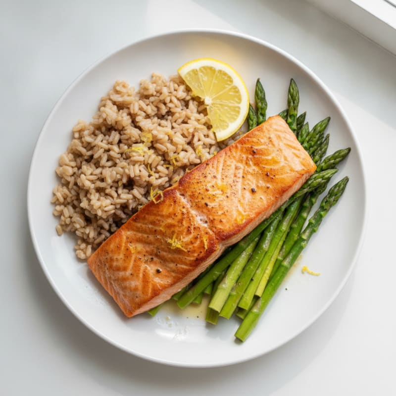 Seared Salmon with Steamed Asparagus and Brown Rice