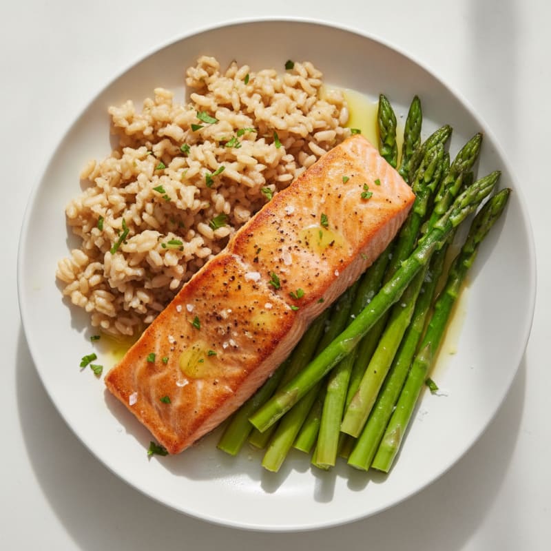 Seared Salmon with Steamed Asparagus and Brown Rice