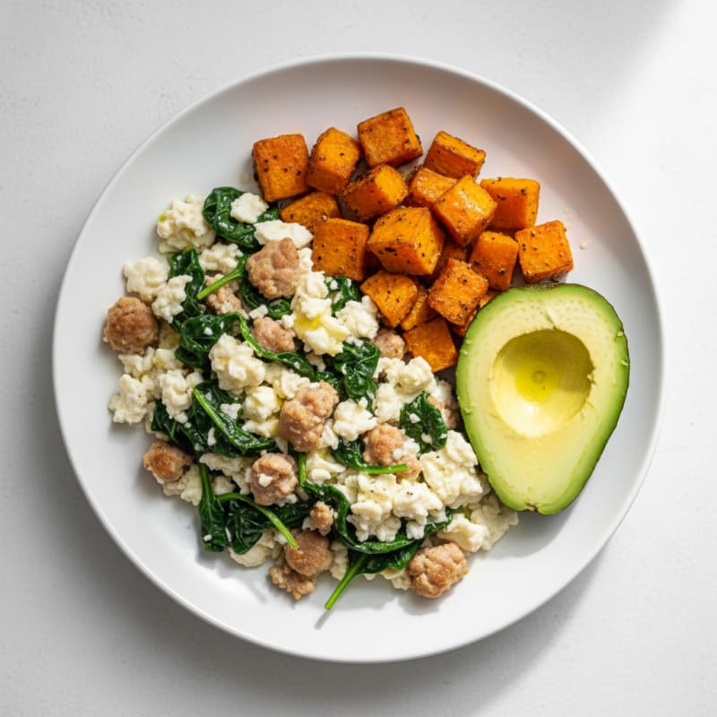 Egg White Scramble with Turkey Sausage and Sautéed Spinach