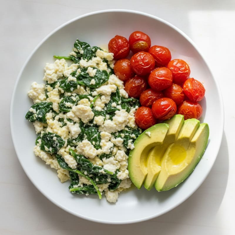 Egg White Spinach Scramble with Cottage Cheese and Cherry Tomatoes