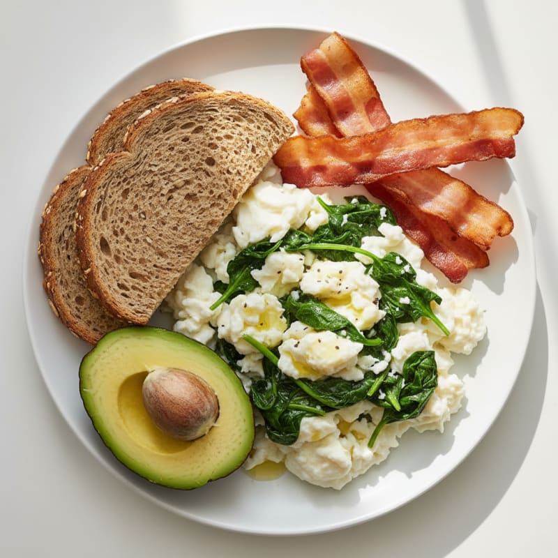 Scrambled Egg Whites with Sautéed Spinach and Turkey Bacon