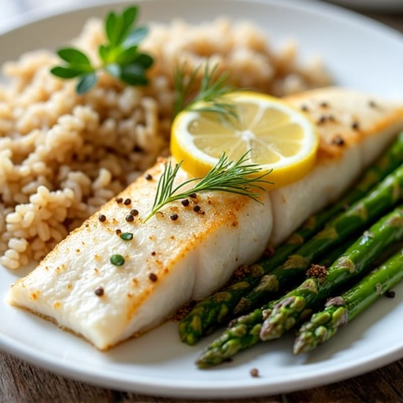 Lemon Herb Baked Cod with Roasted Asparagus and Fluffy Brown Rice