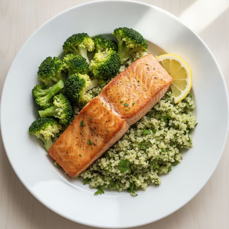 Pan-Seared Salmon with Steamed Broccoli and Herb Quinoa