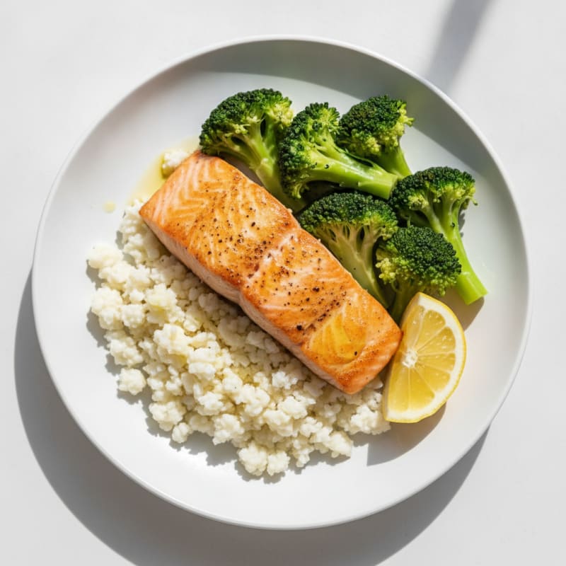 Seared Salmon with Steamed Broccoli and Cauliflower Rice