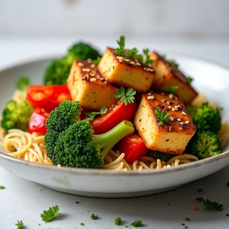 Crispy Garlic-Ginger Tofu with Roasted Broccoli and Bell Peppers
