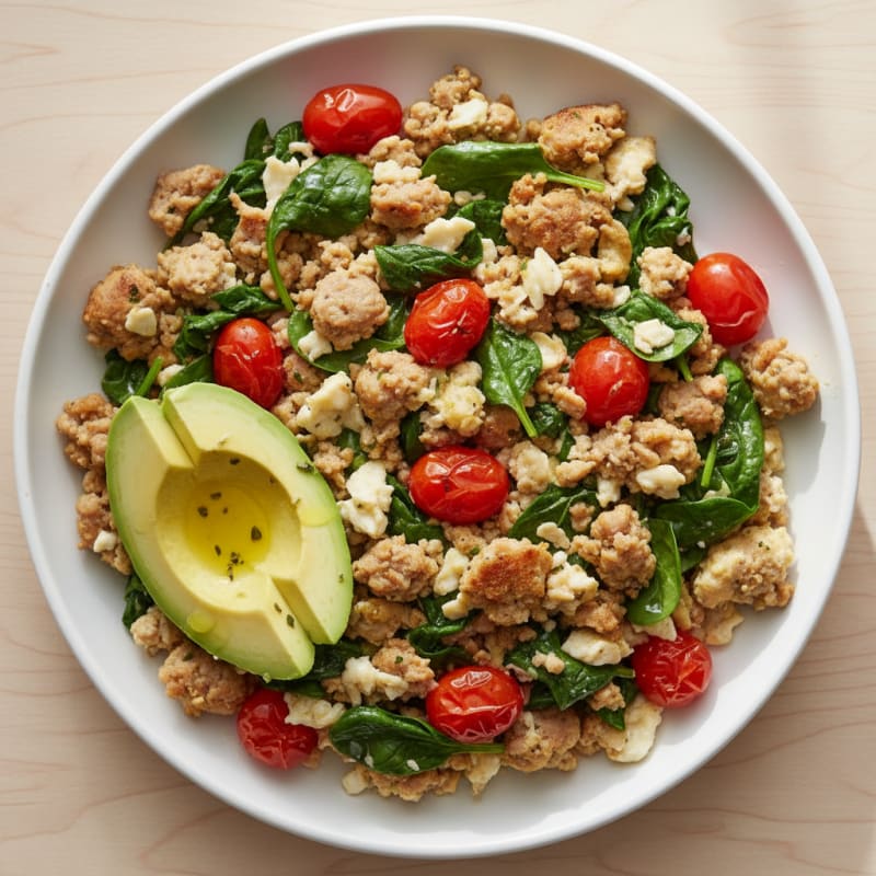 Egg White and Turkey Sausage Scramble with Spinach and Tomatoes