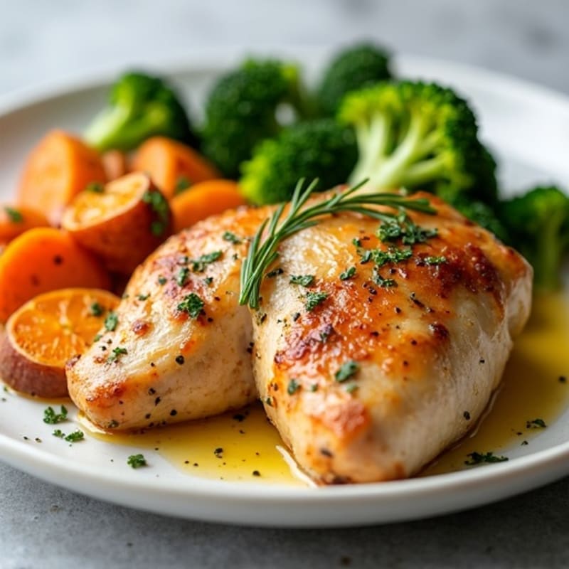 Lemon-Herb Roasted Chicken with Crispy Sweet Potatoes and Tender Broccoli