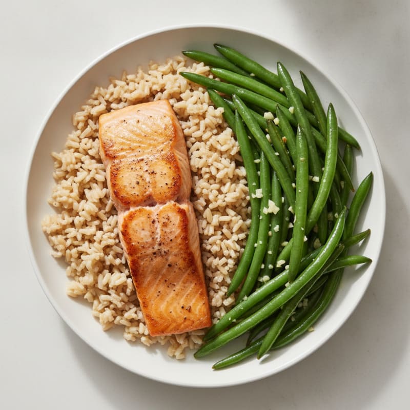 Seared Salmon Fillet with Garlic Green Beans and Brown Rice