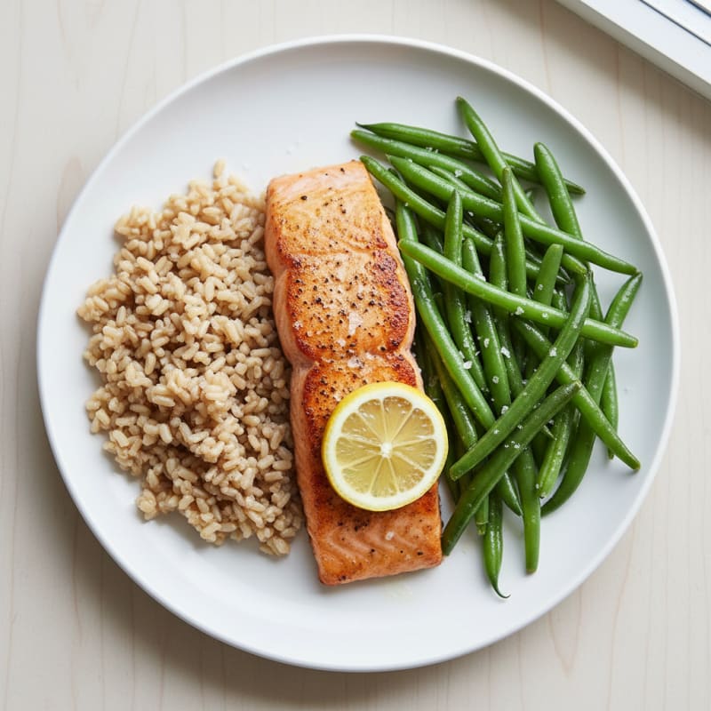 Seared Salmon with Steamed Green Beans and Brown Rice