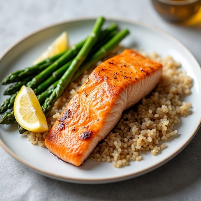 Seared Salmon Fillet with Brown Rice and Steamed Asparagus