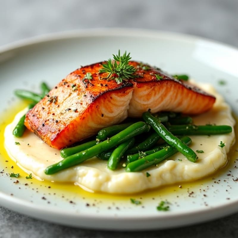 Seared Salmon with Garlic Green Beans and Cauliflower Mash