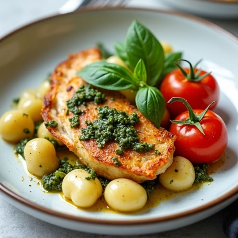 Gnocchi with Fresh Pesto, Seared Chicken, and Roasted Cherry Tomatoes