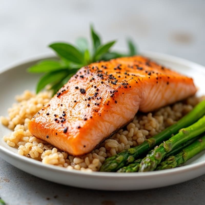 Seared Salmon with Steamed Asparagus and Brown Rice