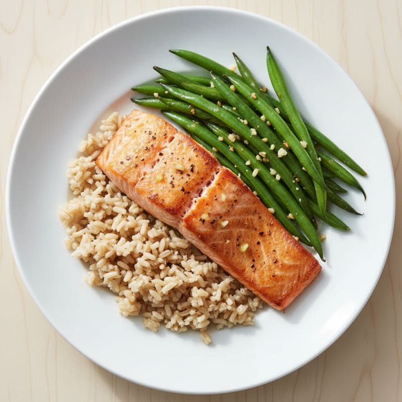 Seared Salmon with Garlic Green Beans and Brown Rice