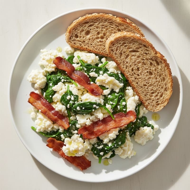 Egg White and Cottage Cheese Scramble with Spinach and Turkey Bacon