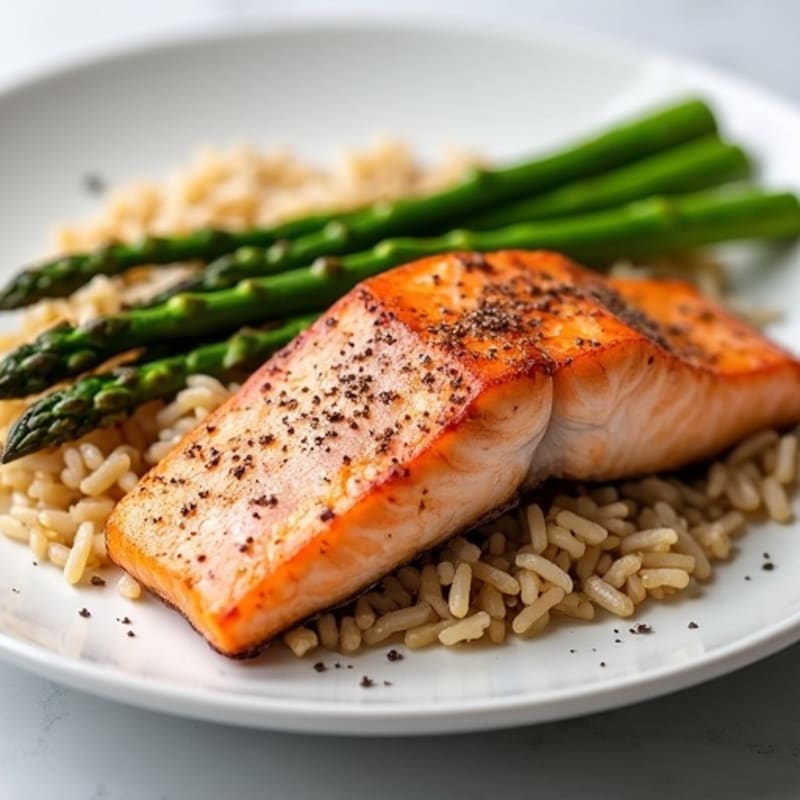 Seared Salmon with Steamed Asparagus and Brown Rice