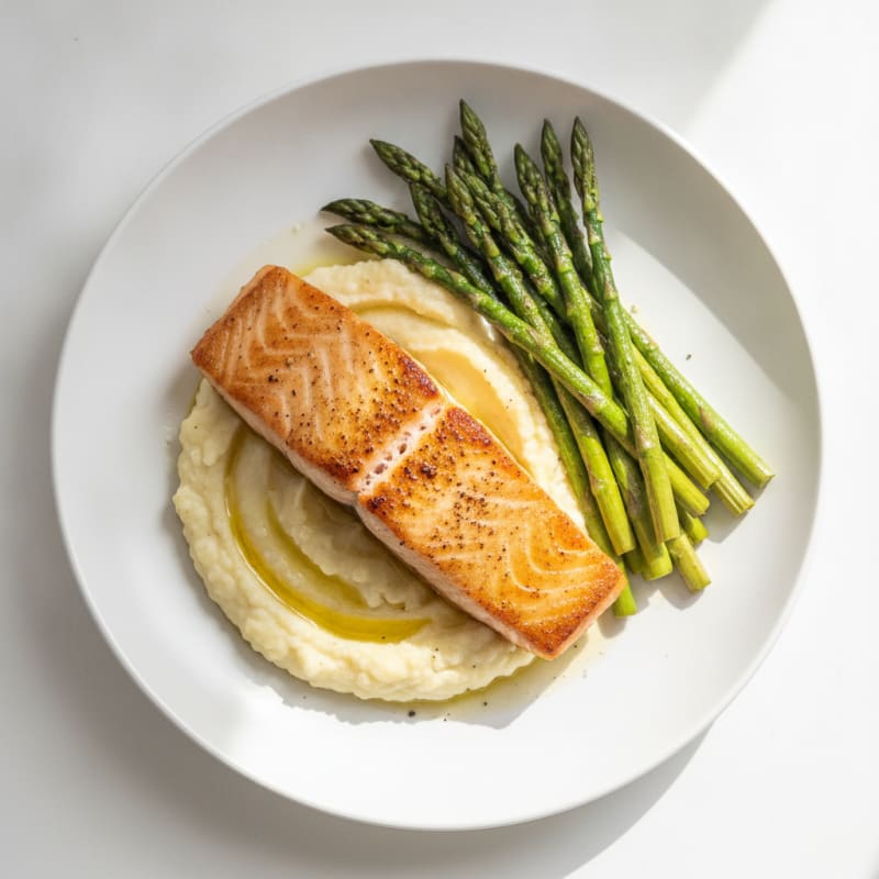 Seared Salmon with Roasted Asparagus and Cauliflower Mash