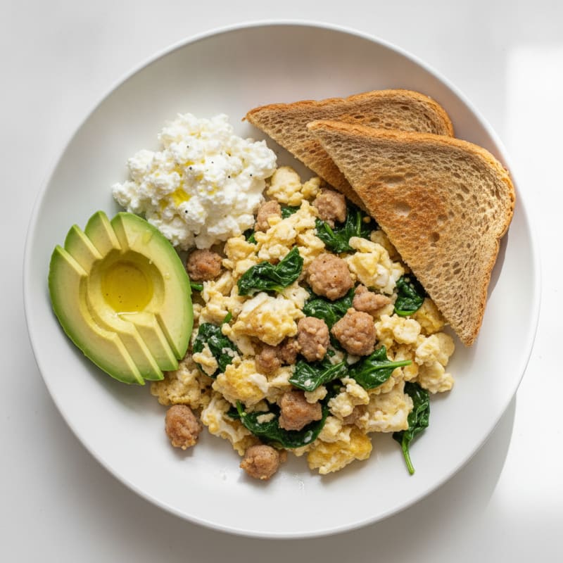Egg White and Turkey Sausage Scramble with Cottage Cheese and Spinach