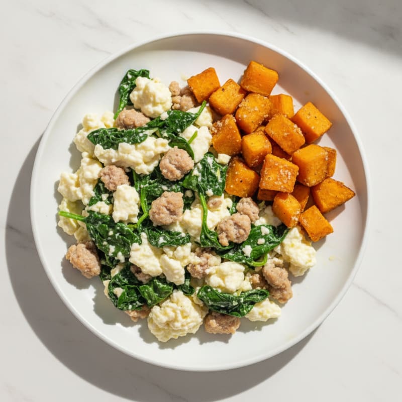 Egg White and Turkey Sausage Scramble with Spinach and Roasted Sweet Potato