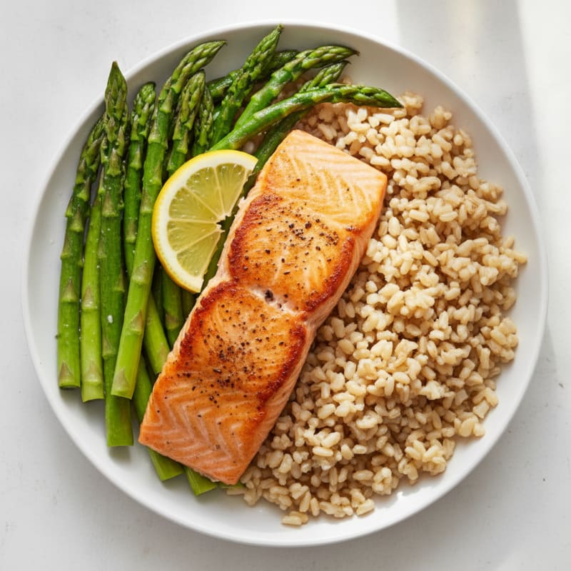 Pan-Seared Salmon with Steamed Asparagus and Brown Rice