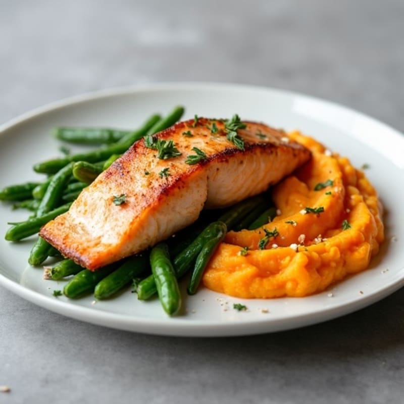 Seared Salmon with Garlic Green Beans and Sweet Potato Mash
