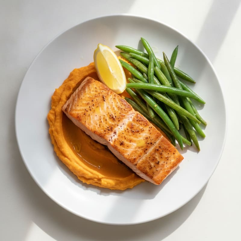 Seared Salmon with Steamed Green Beans and Sweet Potato Mash