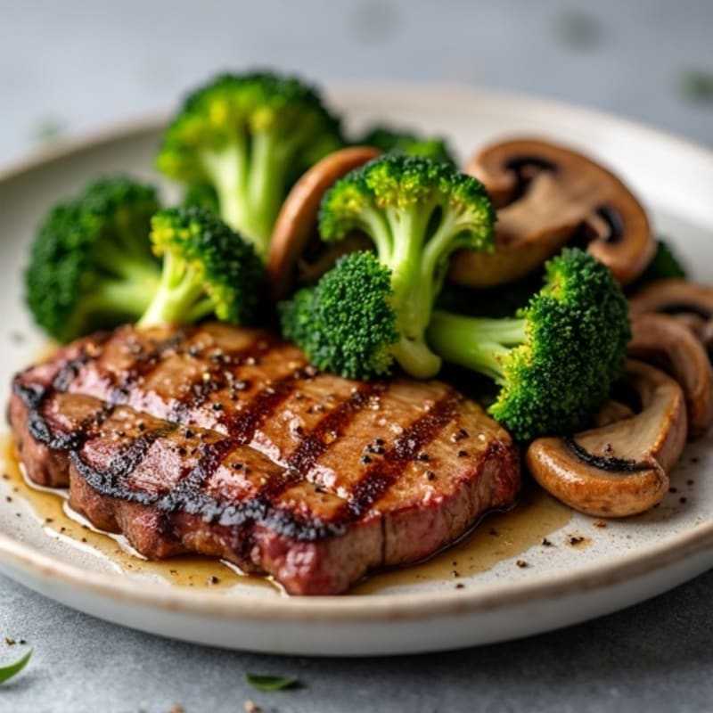 Seared Lean Beef with Roasted Broccoli and Garlic Mushrooms