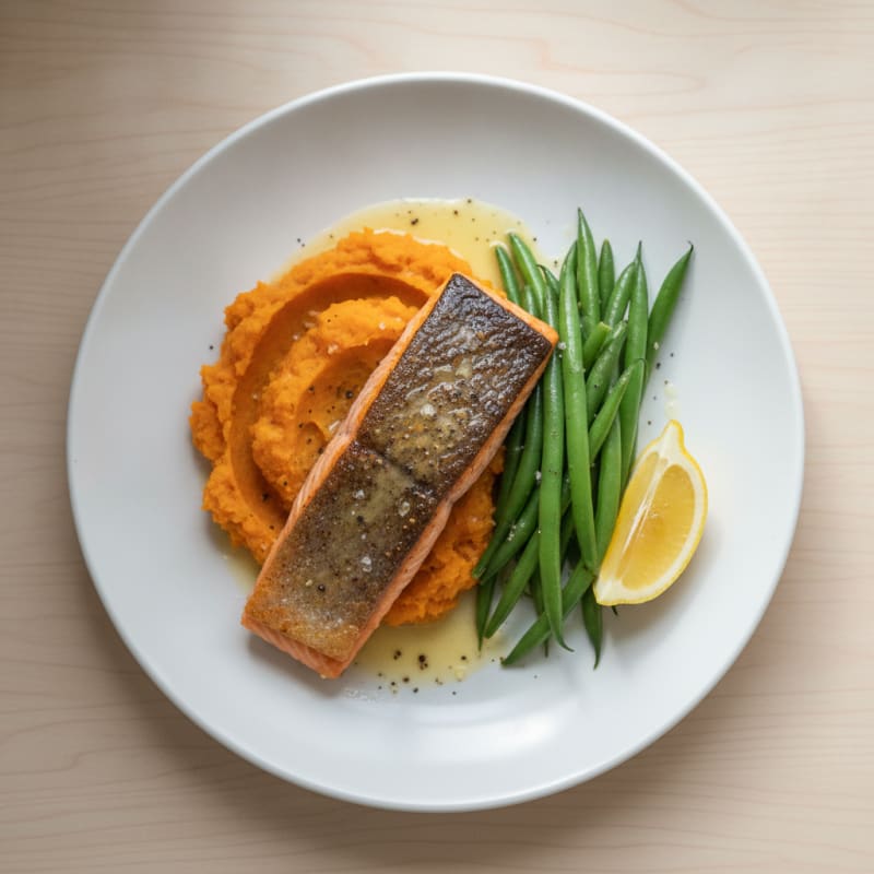 Seared Salmon with Steamed Green Beans and Mashed Sweet Potato