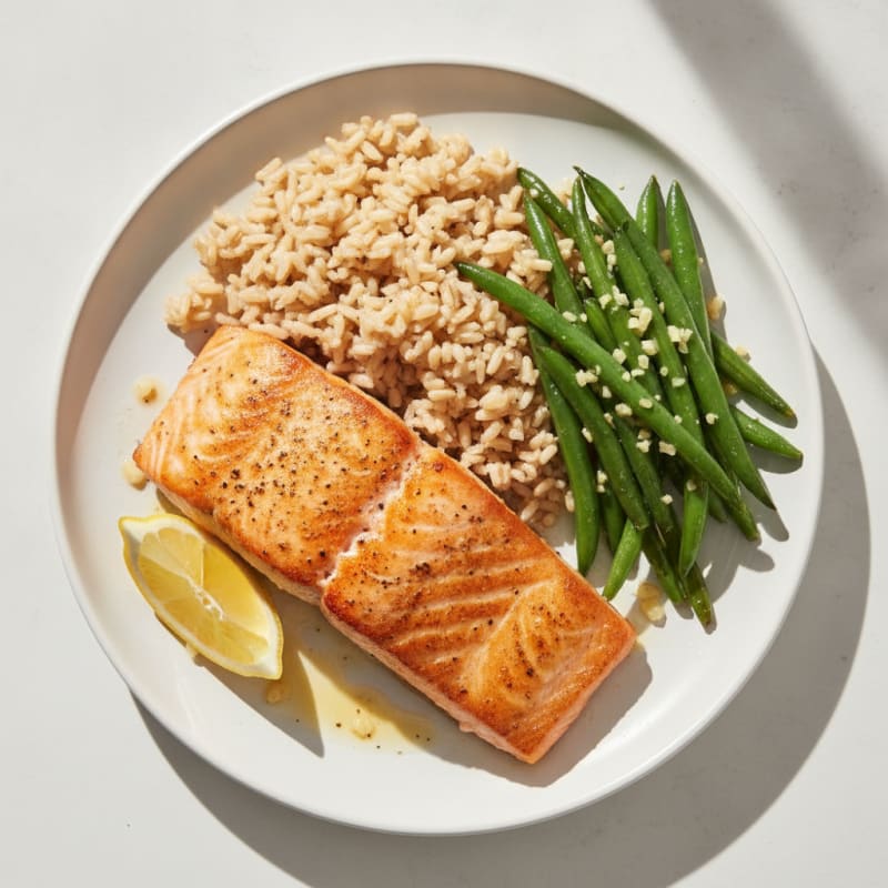 Seared Salmon with Garlic Green Beans and Brown Rice
