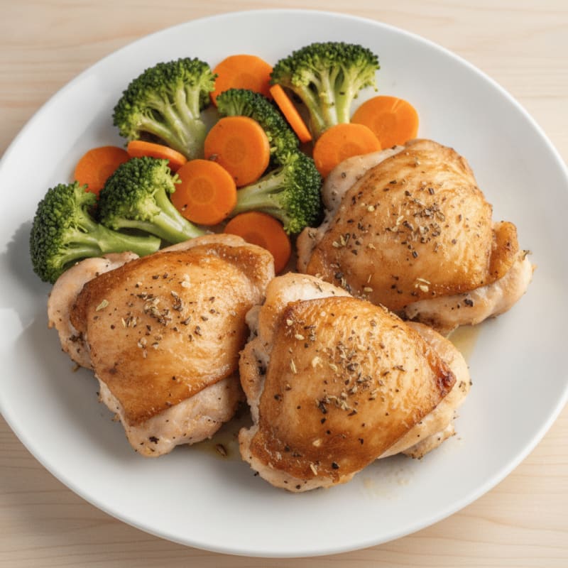Roasted Chicken Thighs with Steamed Broccoli and Carrots