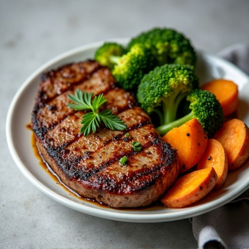 Pan-Seared Steak with Crispy Roasted Broccoli and Sweet Potatoes