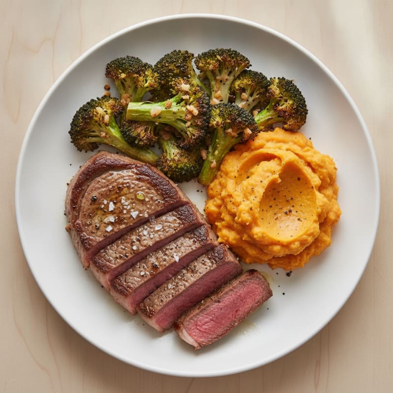 Seared Steak with Garlic Roasted Broccoli and Sweet Potato Mash