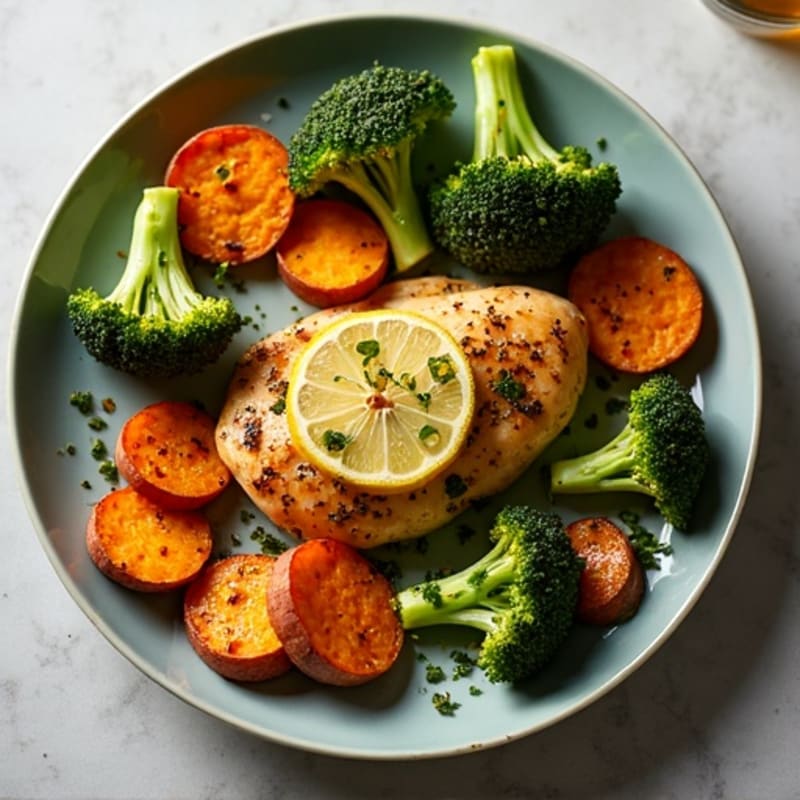 Sheet Pan Lemon-Herb Chicken with Roasted Sweet Potatoes and Crispy Broccoli