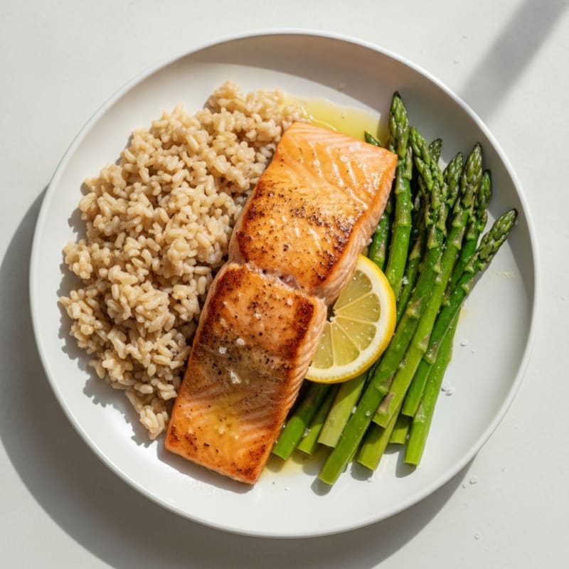 Seared Salmon with Steamed Asparagus and Brown Rice