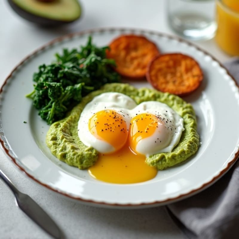 Creamy Avocado Poached Eggs with Spinach and Crispy Sweet Potato Rounds