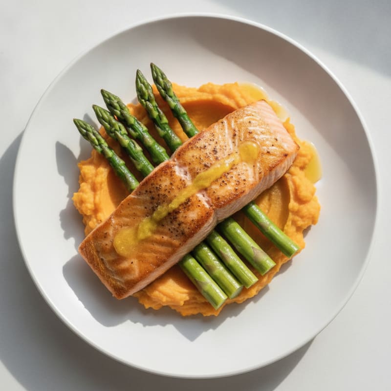 Seared Salmon Fillet with Steamed Asparagus and Sweet Potato Mash