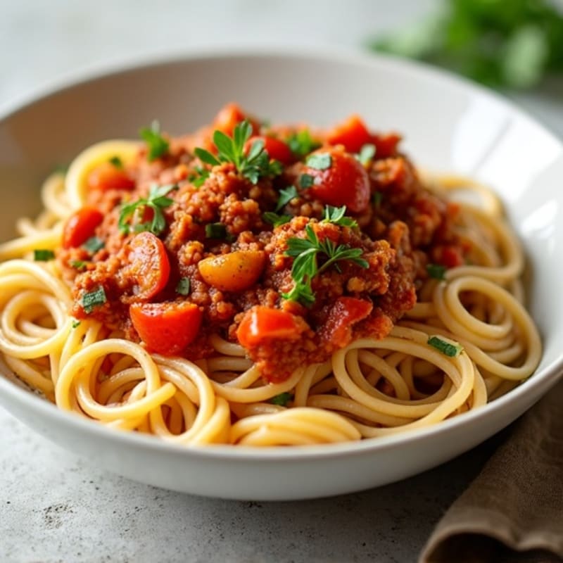 Hearty Lean Ground Turkey and Vegetable Tomato Sauce with Whole Wheat Spaghetti