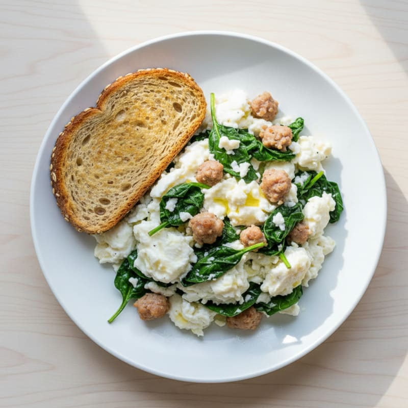 Egg White and Turkey Sausage Scramble with Sautéed Spinach