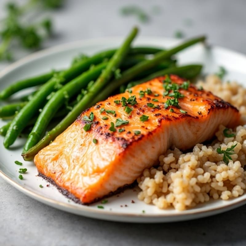 Seared Salmon Fillet with Garlic Green Beans and Brown Rice