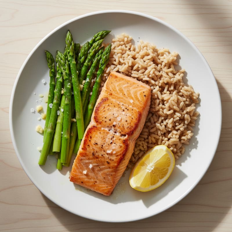 Seared Salmon with Steamed Asparagus and Brown Rice