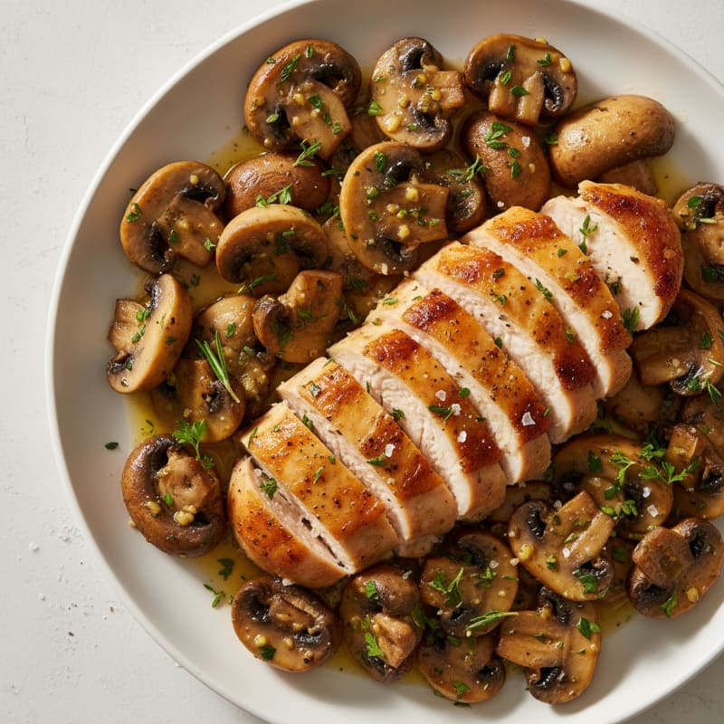 Roasted Garlic Butter Mushrooms with Herb-Crusted Chicken