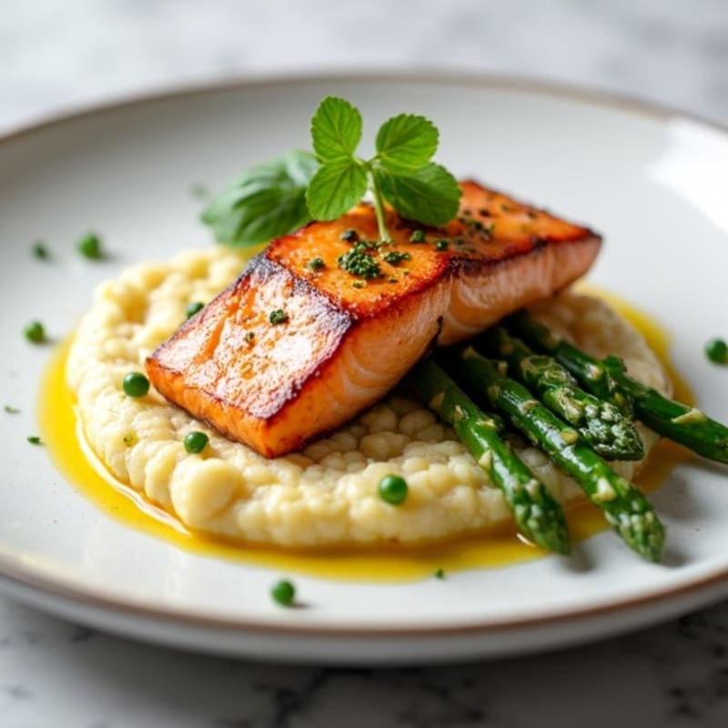 Seared Salmon with Steamed Asparagus and Cauliflower Mash