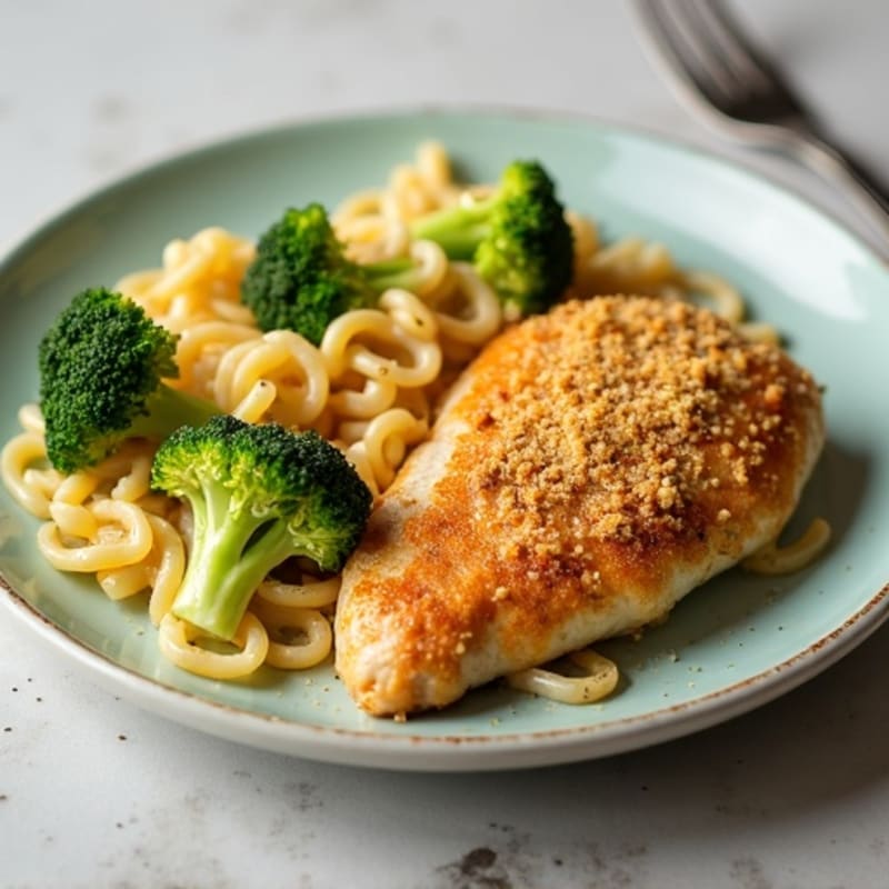 Crispy Baked Chicken with Creamy Cheesy Broccoli Pasta