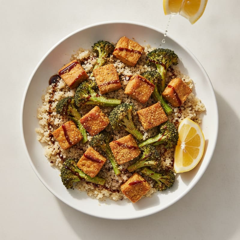 Crispy Tempeh Power Bowl with Quinoa and Roasted Broccoli