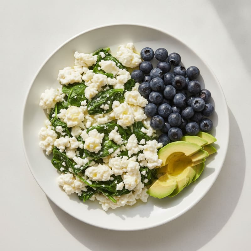 Egg White and Spinach Scramble with Cottage Cheese and Fresh Berries